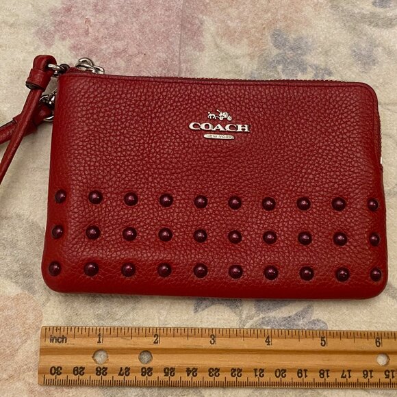 COACH Handbags - Nice COACH Leather Wristlet w/Studs 2 CC Slots Inside Red 6" x 4" Brand New